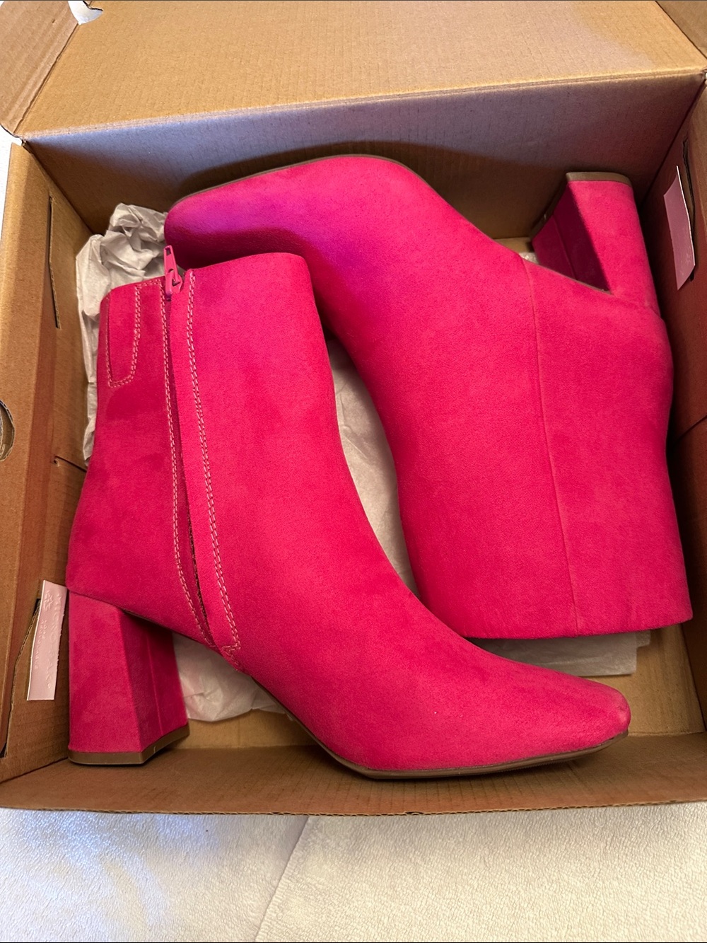 Fuchsia Pink Suede Block Heel Ankle Boots